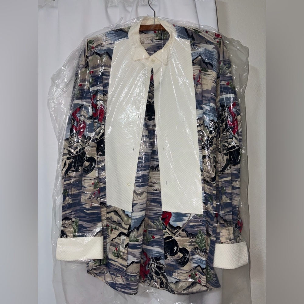 Vintage Neiman Marcus Cowboy Western Scenic Print Shirt - Picture 2 of 8